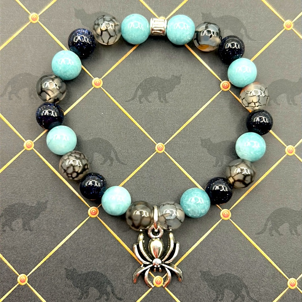 Handmade Halloween Spider Charm Bracelet with Natural Blue Aquamarine Gemstones!